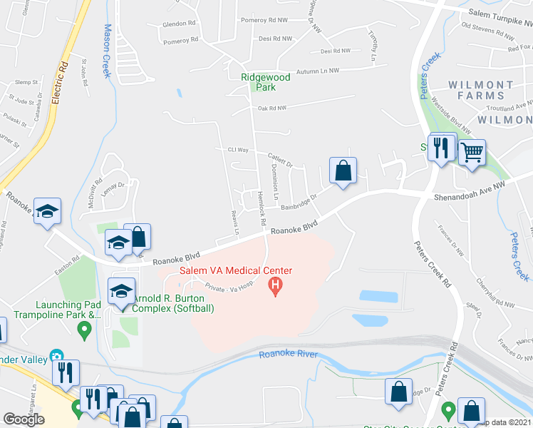 map of restaurants, bars, coffee shops, grocery stores, and more near 2100 Bainbridge Drive in Salem