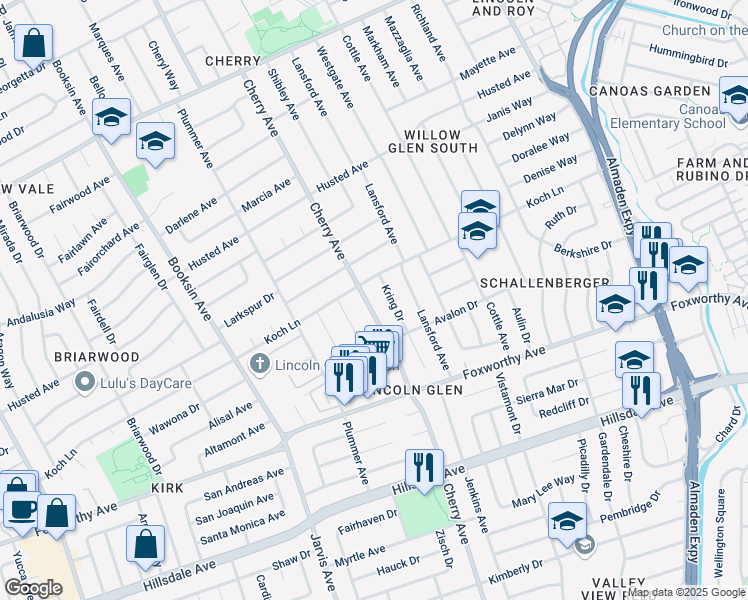map of restaurants, bars, coffee shops, grocery stores, and more near 2620 Thrasher Lane in San Jose