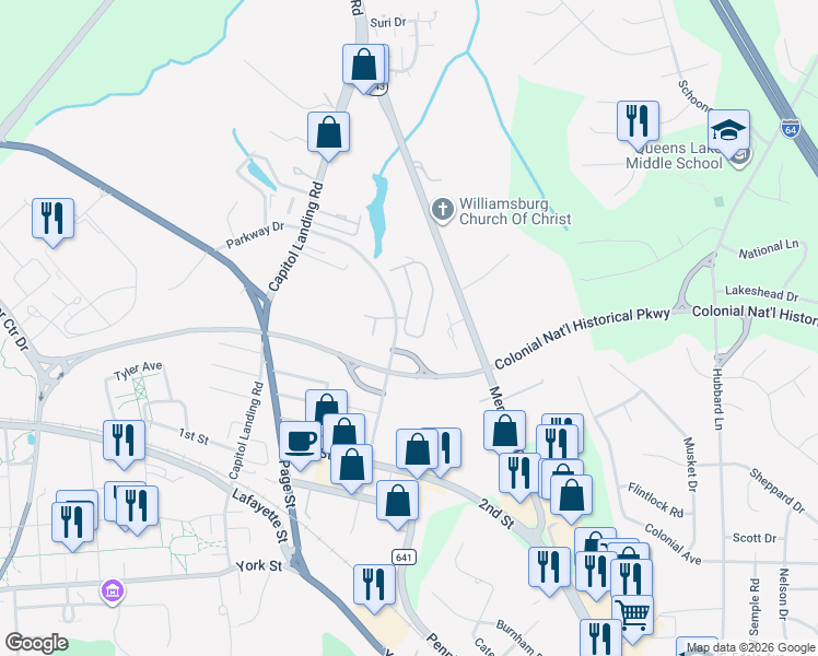 map of restaurants, bars, coffee shops, grocery stores, and more near 104 Zelkova Road in Williamsburg