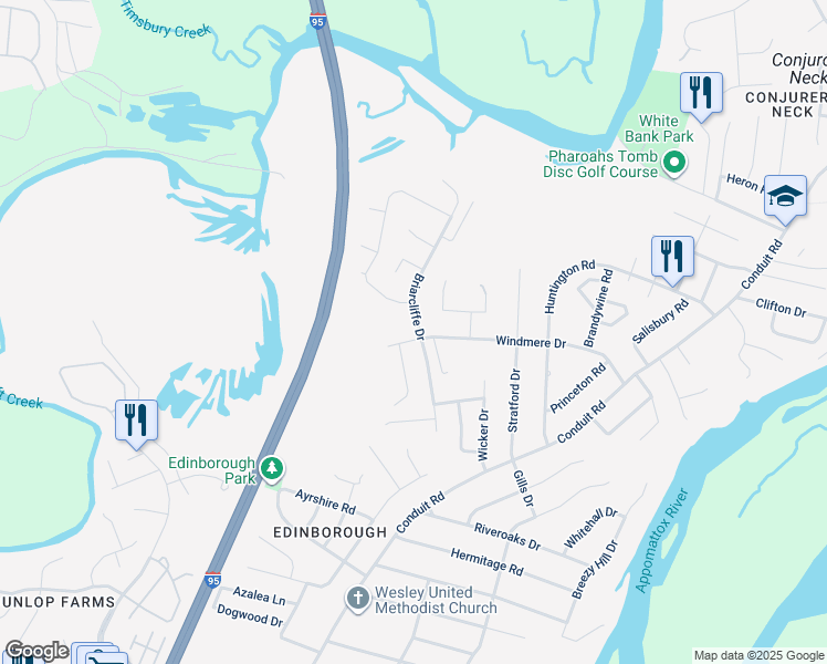 map of restaurants, bars, coffee shops, grocery stores, and more near 502 Windmere Drive in Colonial Heights