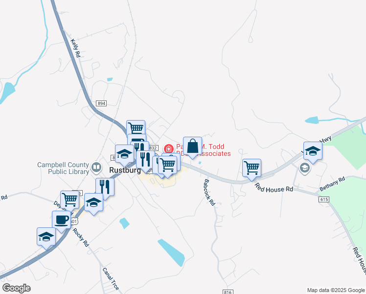 map of restaurants, bars, coffee shops, grocery stores, and more near 72 Gold Dust Trail in Rustburg