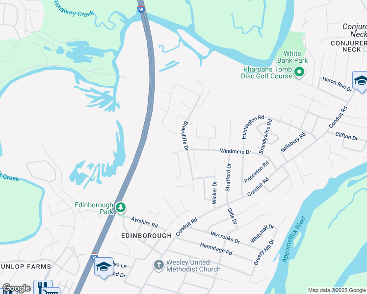 map of restaurants, bars, coffee shops, grocery stores, and more near 502 Windmere Drive in Colonial Heights
