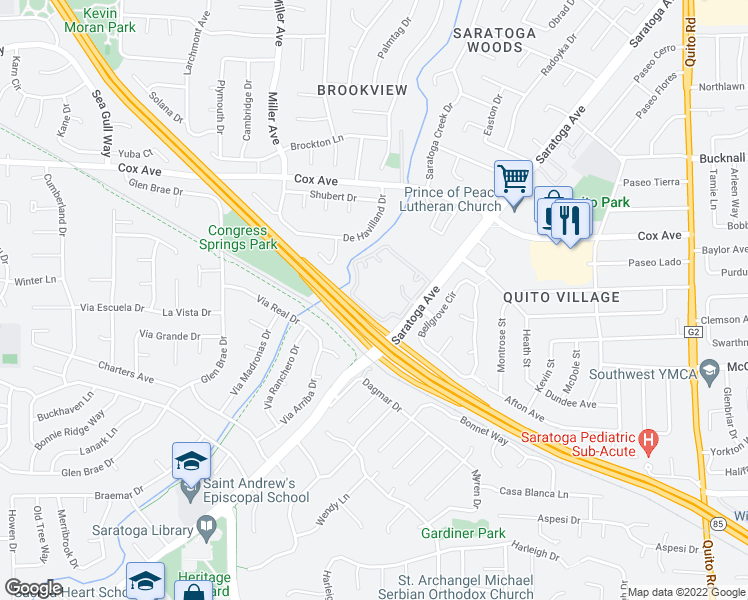 map of restaurants, bars, coffee shops, grocery stores, and more near 19204 Vineyard Lane in Saratoga