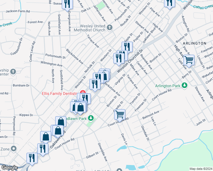 map of restaurants, bars, coffee shops, grocery stores, and more near 3302 Oaklawn Boulevard in Hopewell