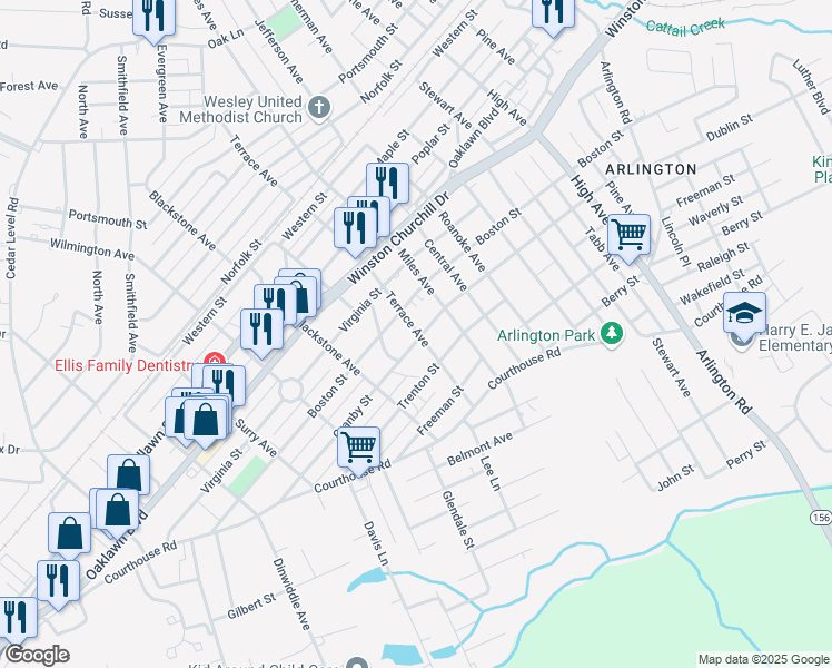 map of restaurants, bars, coffee shops, grocery stores, and more near 1210 Terrace Avenue in Hopewell