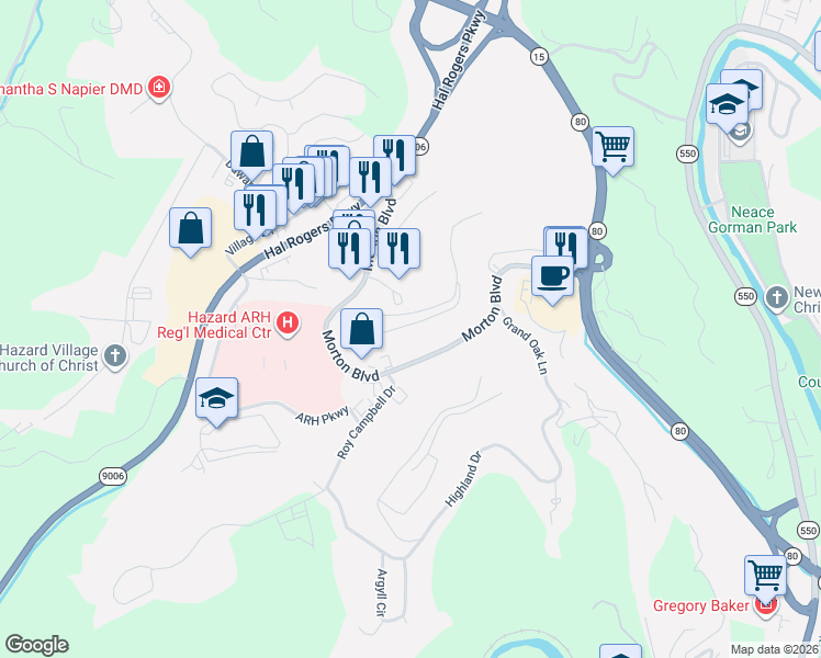 map of restaurants, bars, coffee shops, grocery stores, and more near 70 Morton Boulevard in Hazard