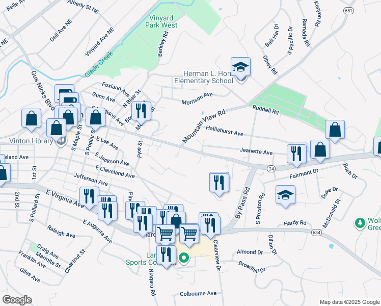 map of restaurants, bars, coffee shops, grocery stores, and more near 917 East Washington Avenue in Vinton