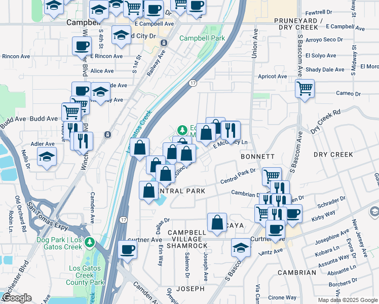 map of restaurants, bars, coffee shops, grocery stores, and more near 563 Campbell Technology Parkway in Campbell