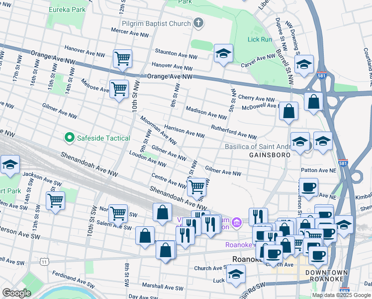 map of restaurants, bars, coffee shops, grocery stores, and more near 626 Fairfax Avenue Northwest in Roanoke