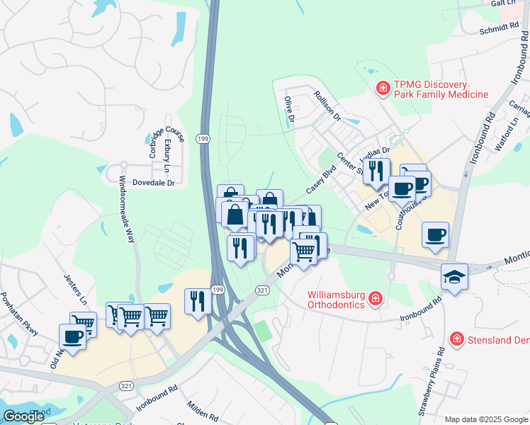 map of restaurants, bars, coffee shops, grocery stores, and more near 4923 Settlers Market Boulevard in Williamsburg