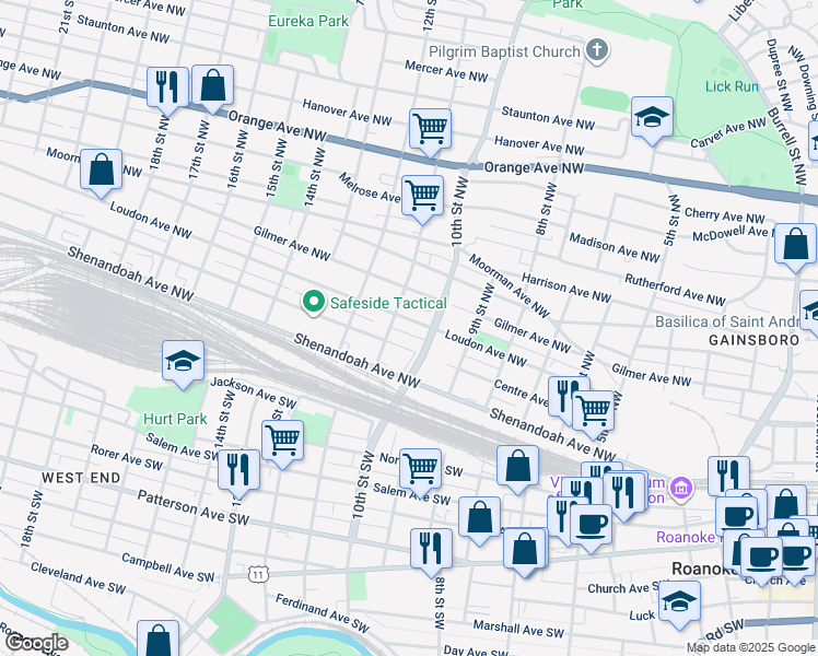 map of restaurants, bars, coffee shops, grocery stores, and more near 1020 Loudon Avenue Northwest in Roanoke