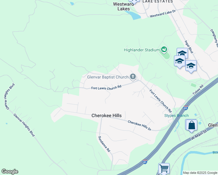 map of restaurants, bars, coffee shops, grocery stores, and more near 4901 Fort Lewis Church Road in Salem