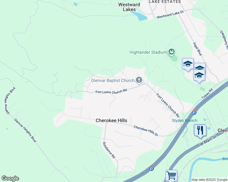 map of restaurants, bars, coffee shops, grocery stores, and more near 4901 Fort Lewis Church Road in Salem