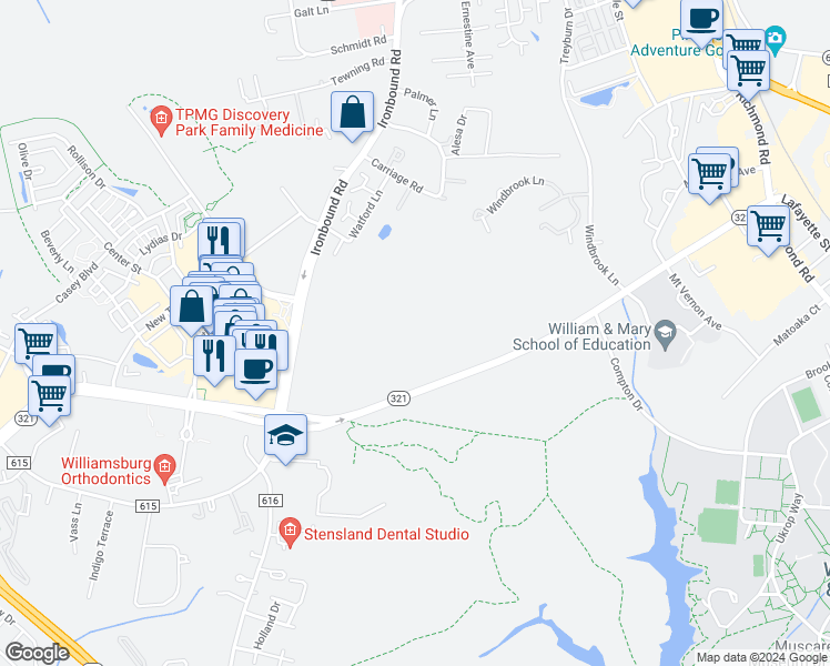 map of restaurants, bars, coffee shops, grocery stores, and more near 370-392 Monticello Avenue in Williamsburg