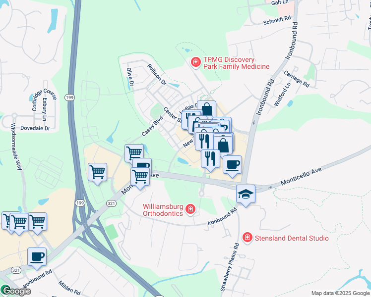 map of restaurants, bars, coffee shops, grocery stores, and more near 4803 Courthouse Street in Williamsburg