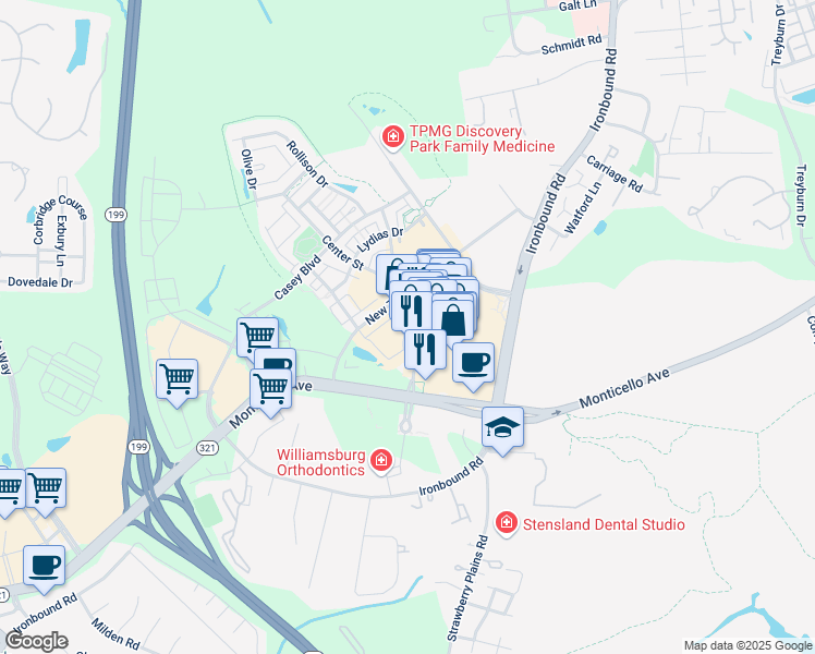 map of restaurants, bars, coffee shops, grocery stores, and more near 5103 Center Street in Williamsburg
