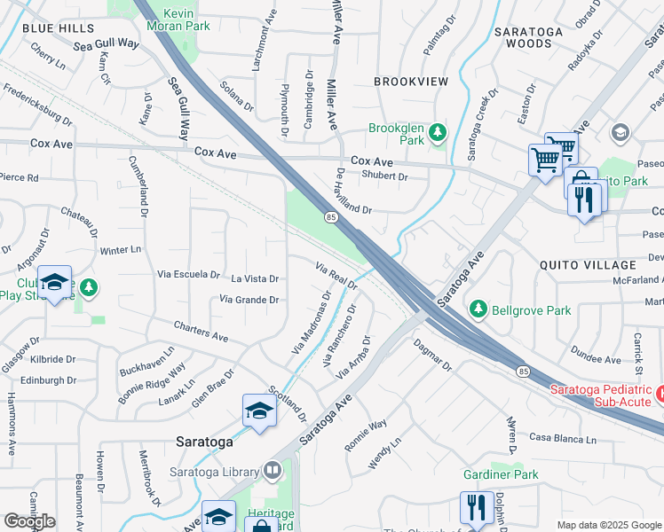 map of restaurants, bars, coffee shops, grocery stores, and more near 19437 Via Real Drive in Saratoga