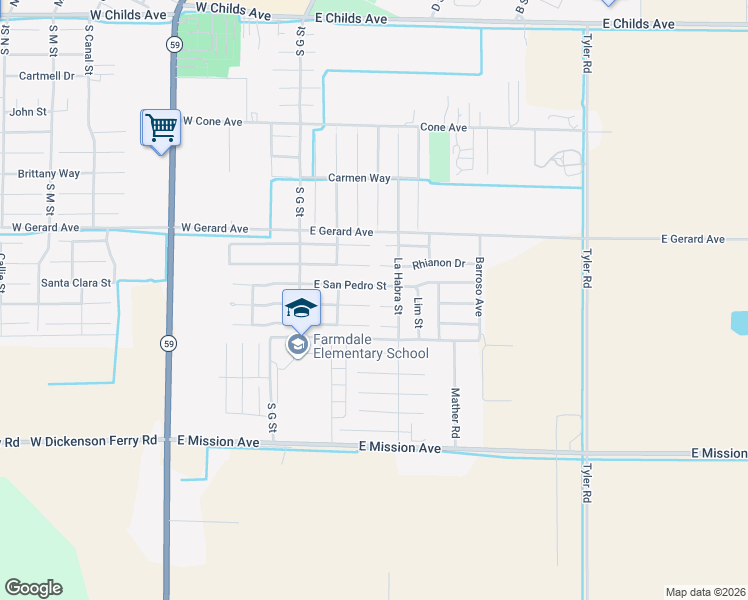 map of restaurants, bars, coffee shops, grocery stores, and more near 195 Antonio De Padua Court in Merced