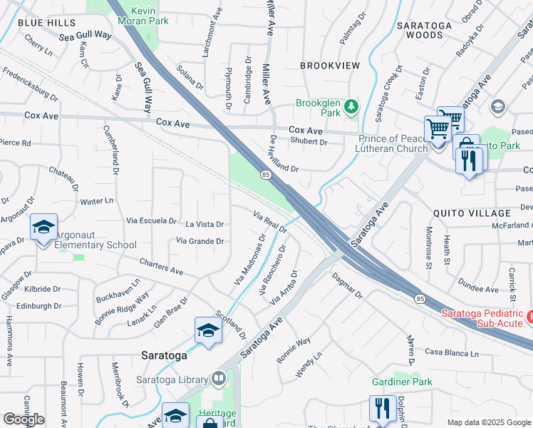 map of restaurants, bars, coffee shops, grocery stores, and more near 19437 Via Real Drive in Saratoga