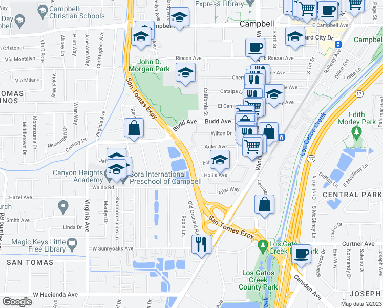 map of restaurants, bars, coffee shops, grocery stores, and more near 591 Nello Drive in Campbell