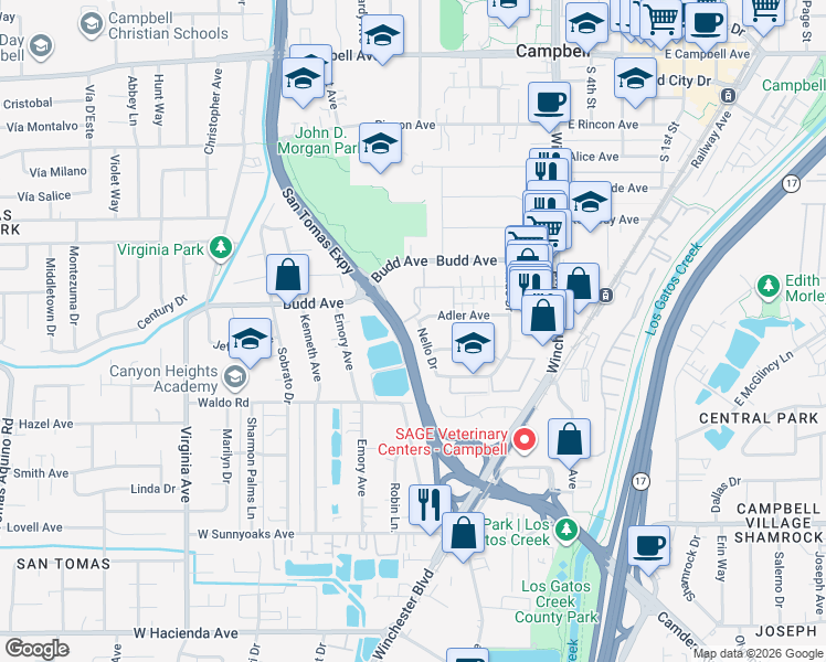 map of restaurants, bars, coffee shops, grocery stores, and more near 591 Nello Drive in Campbell