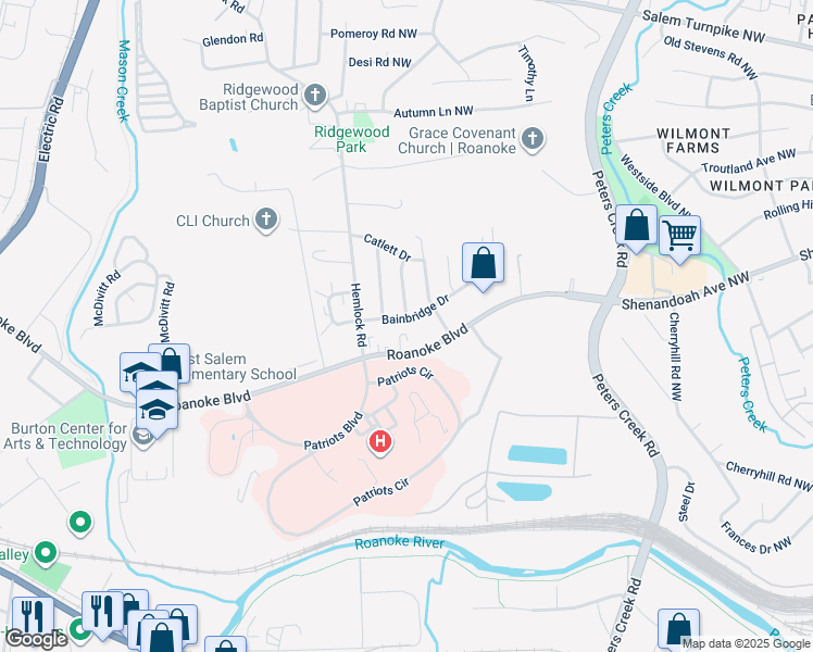 map of restaurants, bars, coffee shops, grocery stores, and more near 2121 Roanoke Boulevard in Salem