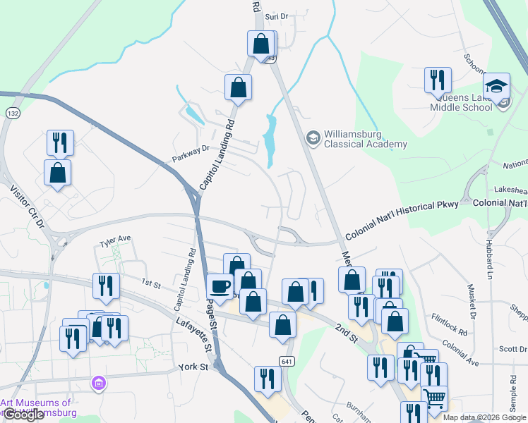 map of restaurants, bars, coffee shops, grocery stores, and more near 120 Chanticleer Court in Williamsburg