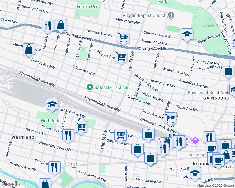 map of restaurants, bars, coffee shops, grocery stores, and more near 1020 Loudon Avenue Northwest in Roanoke