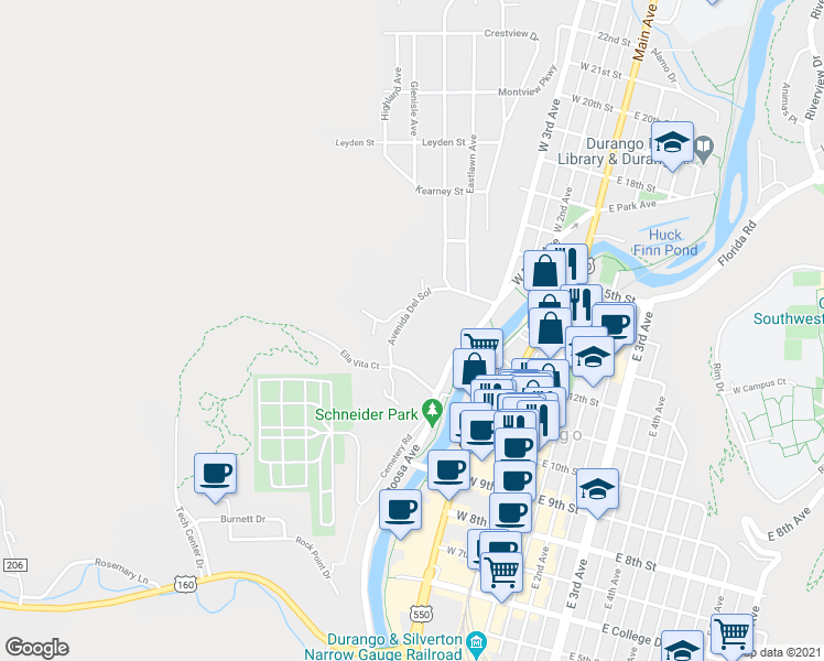 map of restaurants, bars, coffee shops, grocery stores, and more near 1208 Avenida Del Sol in Durango