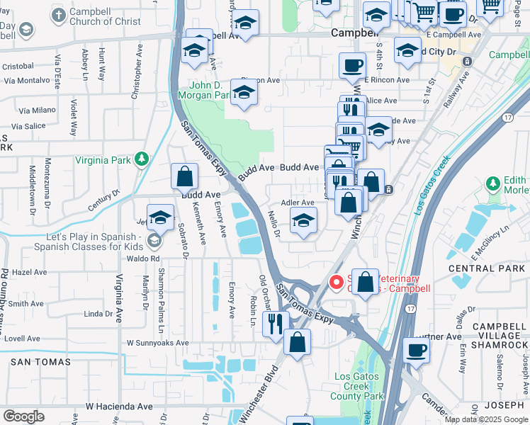 map of restaurants, bars, coffee shops, grocery stores, and more near 611 Nello Drive in Campbell