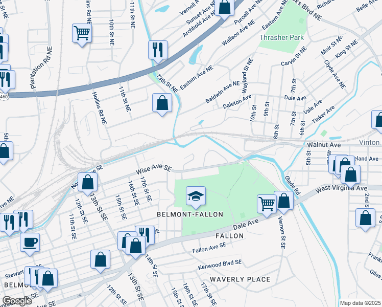 map of restaurants, bars, coffee shops, grocery stores, and more near 1822 Wise Avenue Southeast in Roanoke