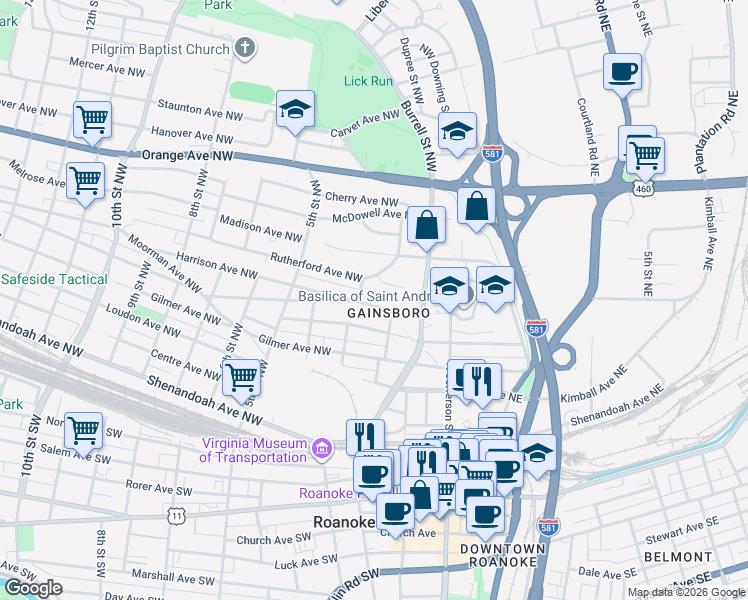 map of restaurants, bars, coffee shops, grocery stores, and more near 222 Harrison Avenue Northwest in Roanoke
