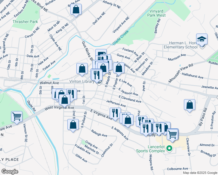 map of restaurants, bars, coffee shops, grocery stores, and more near 211 East Jackson Avenue in Vinton