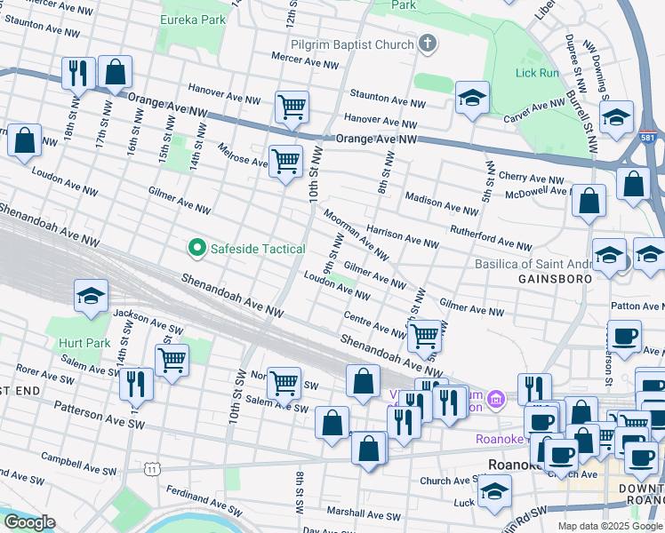 map of restaurants, bars, coffee shops, grocery stores, and more near 830 Gilmer Avenue Northwest in Roanoke