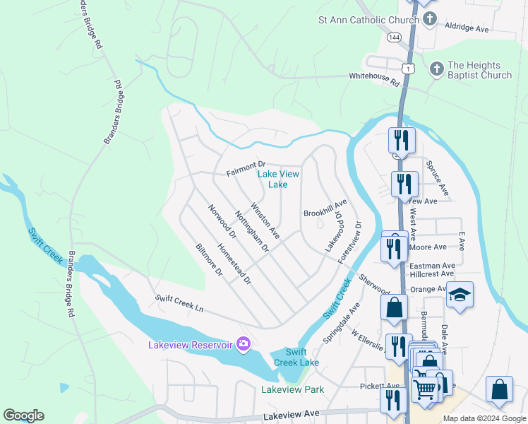 map of restaurants, bars, coffee shops, grocery stores, and more near 211 Winston Avenue in Colonial Heights