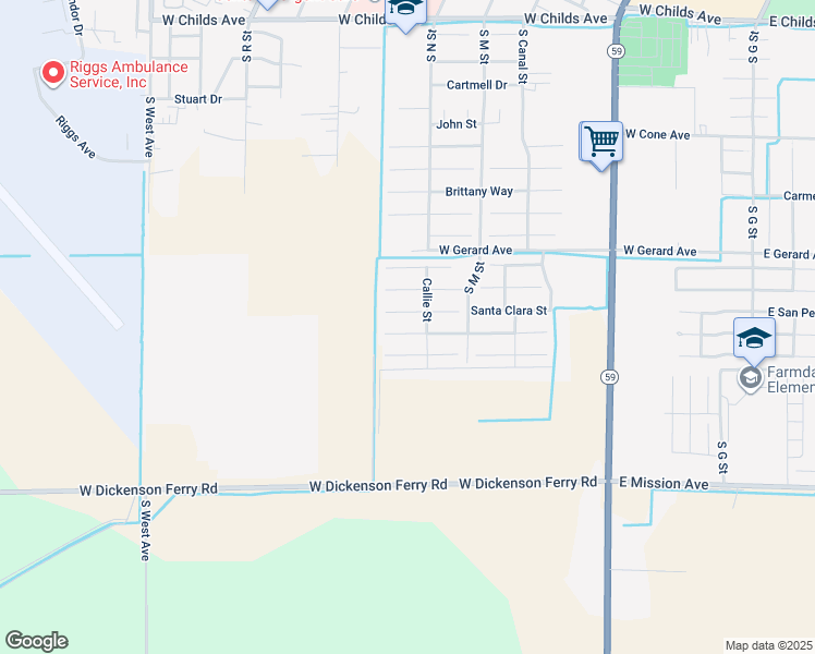 map of restaurants, bars, coffee shops, grocery stores, and more near 733 Veronica Court in Merced