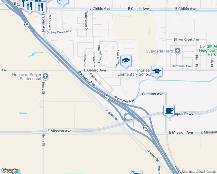 map of restaurants, bars, coffee shops, grocery stores, and more near 664 Buckner Road in Merced