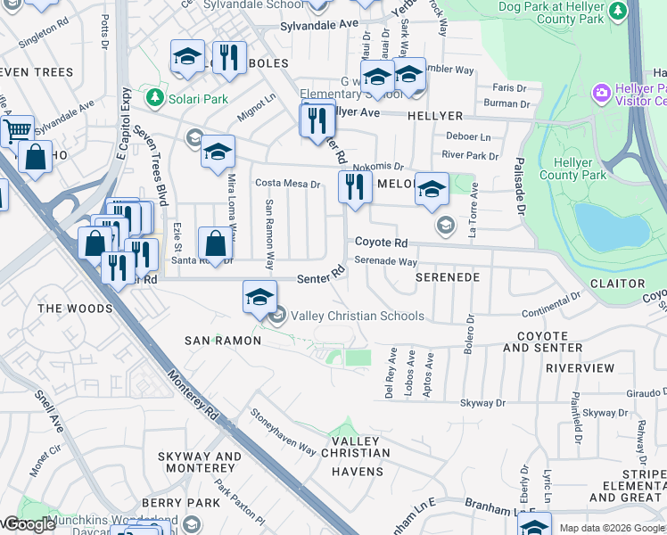 map of restaurants, bars, coffee shops, grocery stores, and more near 384 Senter Road in San Jose