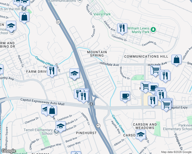 map of restaurants, bars, coffee shops, grocery stores, and more near 5 North Magnolia Avenue in San Jose