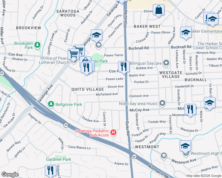 map of restaurants, bars, coffee shops, grocery stores, and more near 18629 McFarland Avenue in Saratoga