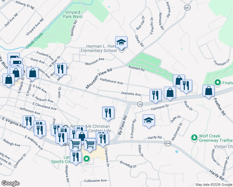 map of restaurants, bars, coffee shops, grocery stores, and more near in Vinton