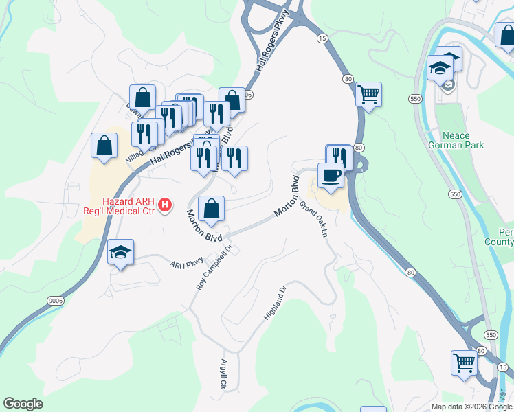 map of restaurants, bars, coffee shops, grocery stores, and more near 70 Morton Boulevard in Hazard