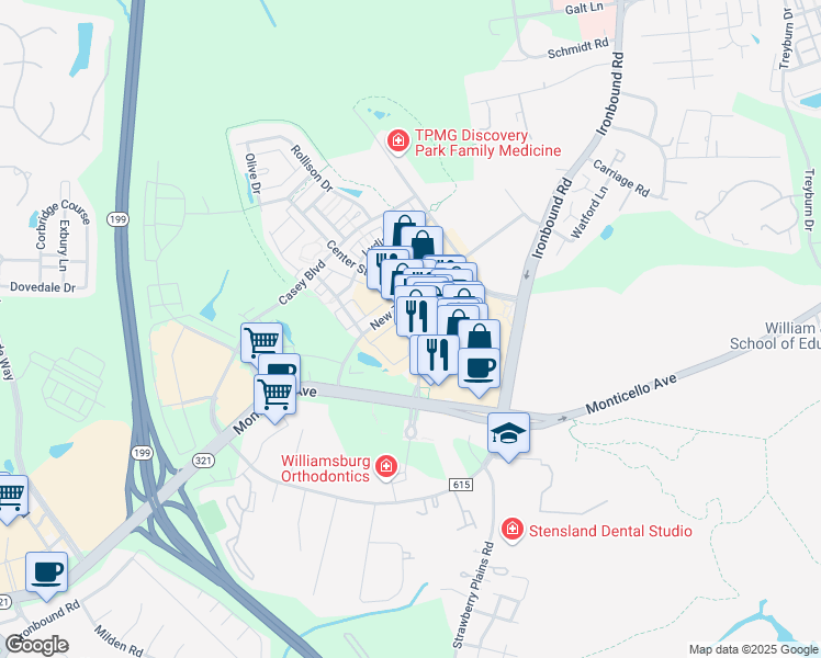 map of restaurants, bars, coffee shops, grocery stores, and more near 5111 Center Street in Williamsburg