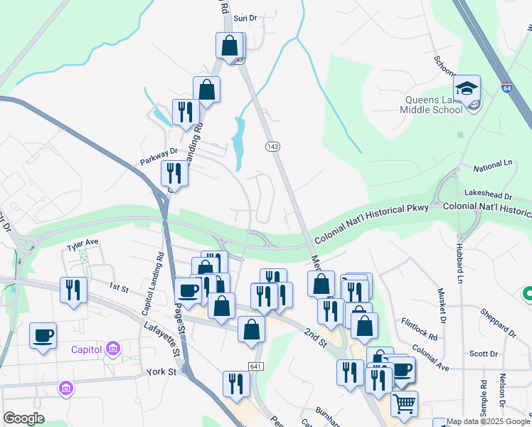 map of restaurants, bars, coffee shops, grocery stores, and more near 213 Zelkova Road in Williamsburg