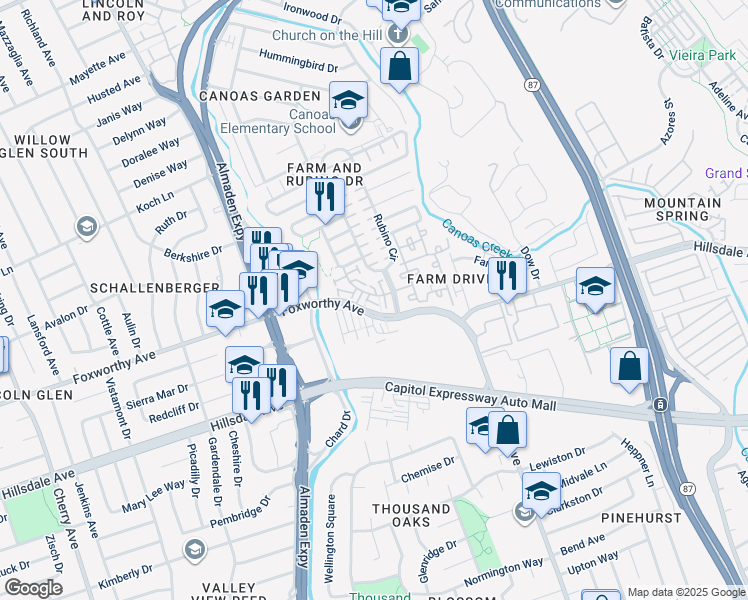 map of restaurants, bars, coffee shops, grocery stores, and more near in San Jose