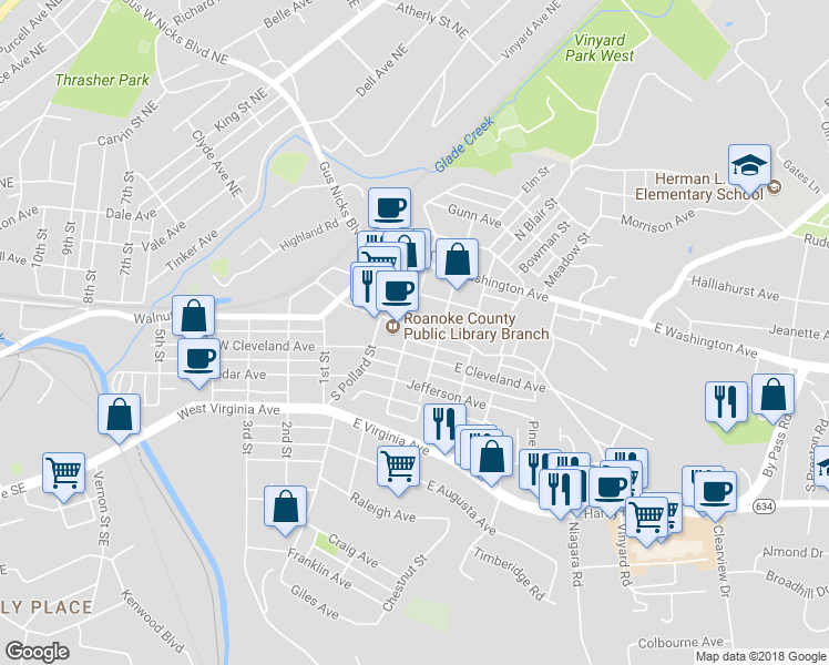 map of restaurants, bars, coffee shops, grocery stores, and more near 203 East Jackson Avenue in Vinton