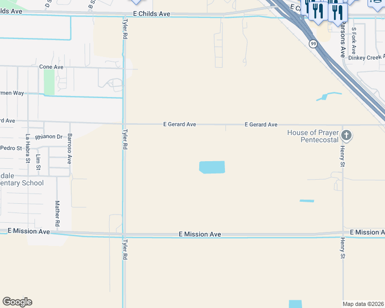 map of restaurants, bars, coffee shops, grocery stores, and more near 1192 East Gerard Avenue in Merced