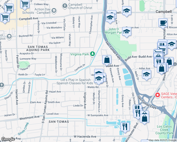 map of restaurants, bars, coffee shops, grocery stores, and more near 772 Jeffrey Avenue in Campbell