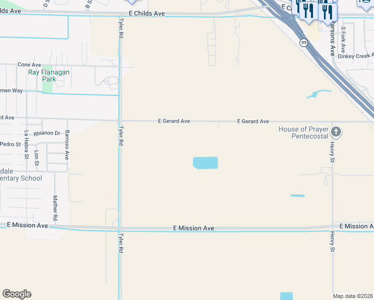 map of restaurants, bars, coffee shops, grocery stores, and more near 1192 East Gerard Avenue in Merced