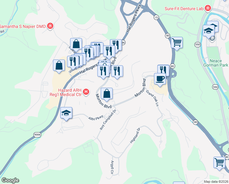 map of restaurants, bars, coffee shops, grocery stores, and more near 998 Rock Ridge Road in Hazard